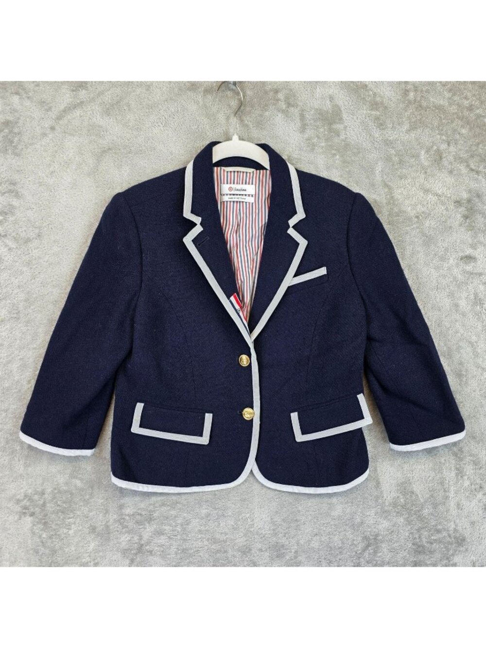 Thom Browne Blazer Womens M Blue Wool Tweed Contrast Trim Gold Button Preppy